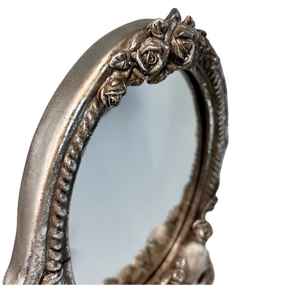 Gothic Skull Roses Floral Standing Mirror Silver Tone Vanity Table Top Decor - Picture 3 of 10